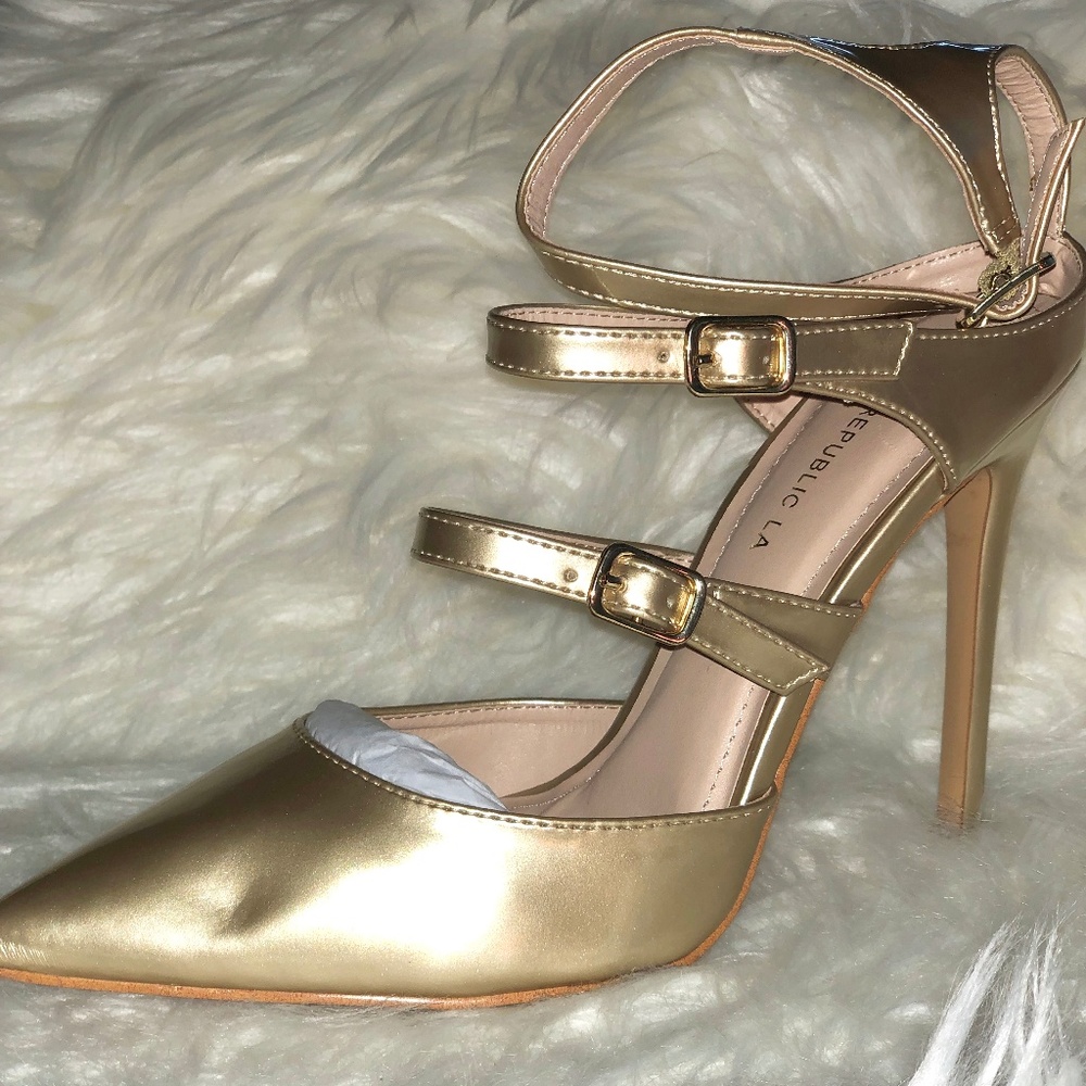Gold Strappy Pointed Toe Stiletto Heel